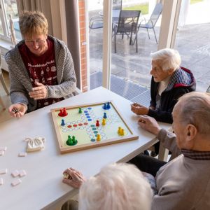 Ältere Menschen spielen Ludo in einem hellen Raum, umgeben von Fenstern und an einem Tisch mit Spielen und Dominosteinen.