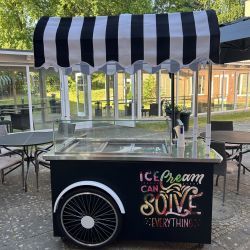 Ein Eiswagen mit gestreiftem Dach und dem Spruch "Ice cream can solve everything" steht malerisch im Freien.