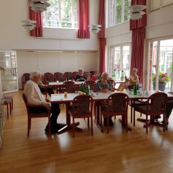 Ältere Menschen genießen entspannte Momente an Tischen, während jemand im sonnigen Raum Akkordeon spielt.