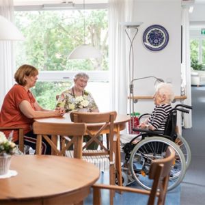 Drei Frauen, eine im Rollstuhl, unterhalten sich lebhaft in einem hellen Raum an einem Holztisch.