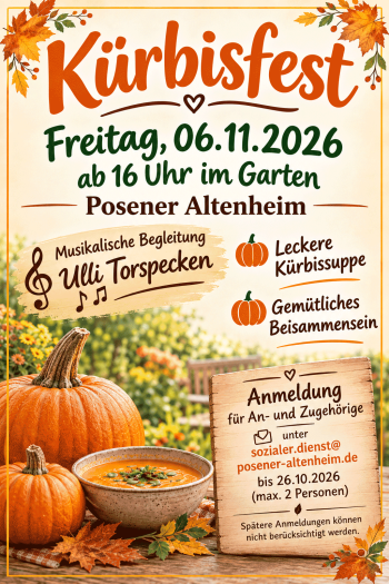 Ein Aushang zum Kürbisfest mit Informationen über Datum, Zeit und geplanter Musik im Posener Altenheim.