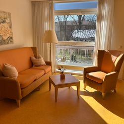 Eine gemütliche Sitzecke mit einem Sofa und Sessel lädt in einem sonnendurchfluteten Raum zum Blick auf den Garten ein.