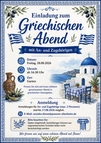 Einladung zum griechischen Abend im Garten am 28.08.2026 für An- und Zugehörige, ab 16:30 Uhr.