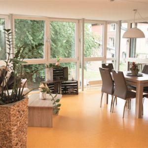 Ein modernes Wohnzimmer mit großen Fenstern und Pflanzen bietet einen einladenden Raum mit Esstisch und hellem Ambiente.