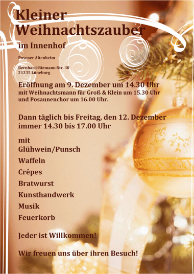 Ein Flyer wirbt für den "Kleinen Weihnachtszauber" mit Eröffnung am 9. Dezember und verschiedenen festlichen Aktivitäten.