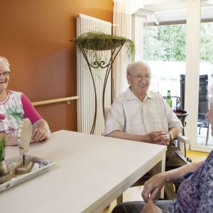 Drei Senioren unterhalten sich fröhlich an einem Tisch in einem gemütlichen Raum mit großen Fenstern.