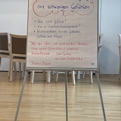Ein Flipchart zeigt Inhalte über Achtsamkeit und Emotionen im Modul 2 eines Seminars in einem Konferenzraum.