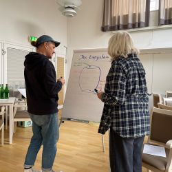Zwei Personen diskutieren vor einem Flipchart mit einer Skizze zum Thema "Das Energiefass" in einem Seminarraum.