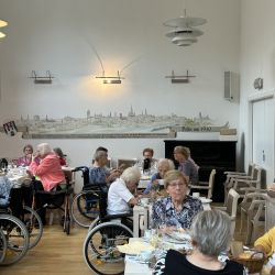 Senioren genießen eine gemeinsame Mahlzeit in einem gemütlichen Raum und unterhalten sich angeregt miteinander.