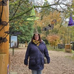 Eine Frau steht im herbstlichen Wald unter Halloween-Dekorationen mit Hexenhüten und Fledermäusen.