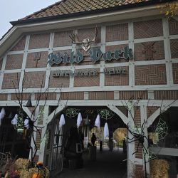 Der Eingang zum Wildpark Lüneburger Heide ist mit Spinnweben, Kürbissen und Geistern stimmungsvoll für Halloween geschmückt.