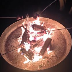 Personen rösten Marshmallows über einem hellen Lagerfeuer in einer Schale, umgeben von Dunkelheit.