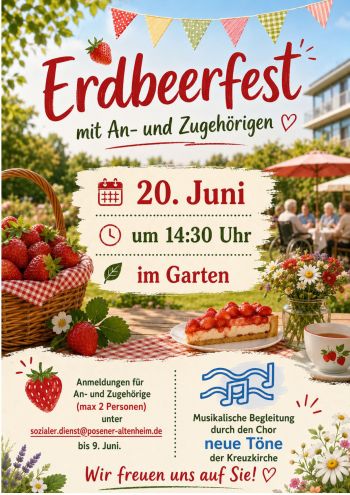 Ein einladendes Erdbeerfest im Garten mit frischen Erdbeeren und leckerem Kuchen am 20. Juni um 14:30 Uhr.