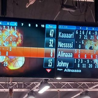 Ein Bowling-Scoreboard zeigt die Punktzahlen von acht Spielern vor einem feurigen Bowlingkugel-Hintergrund.