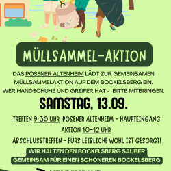 Drei Personen sammeln während einer organisierten Aktion Müll in einem Park, um die Umgebung am Bockelsberg sauber zu halten.