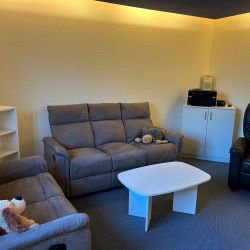 Ein gemütliches Wohnzimmer mit grauen Sofas, einem weißen Couchtisch und Kuscheltieren strahlt Wärme und Behaglichkeit aus.