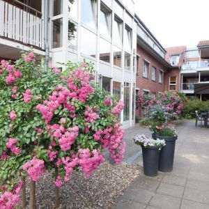 Blühende Rosen und gemütliche Sitzecke in einem gepflegten Innenhof, umgeben von modernen Gebäuden.