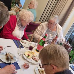 Eine Gruppe älterer Menschen genießt ein lebhaftes Mittagessen und unterhält sich angeregt an einem gedeckten Tisch.