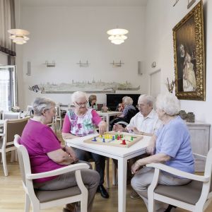 Mehrere Senioren genießen ein Brettspiel an einem Tisch in einem hellen Gemeinschaftsraum mit großen Fenstern und Gemälden.