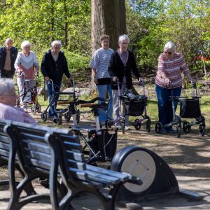 Ältere Menschen mit Gehhilfen spazieren im Park, während eine Person auf einer Bank sitzt und zusieht. | © Name